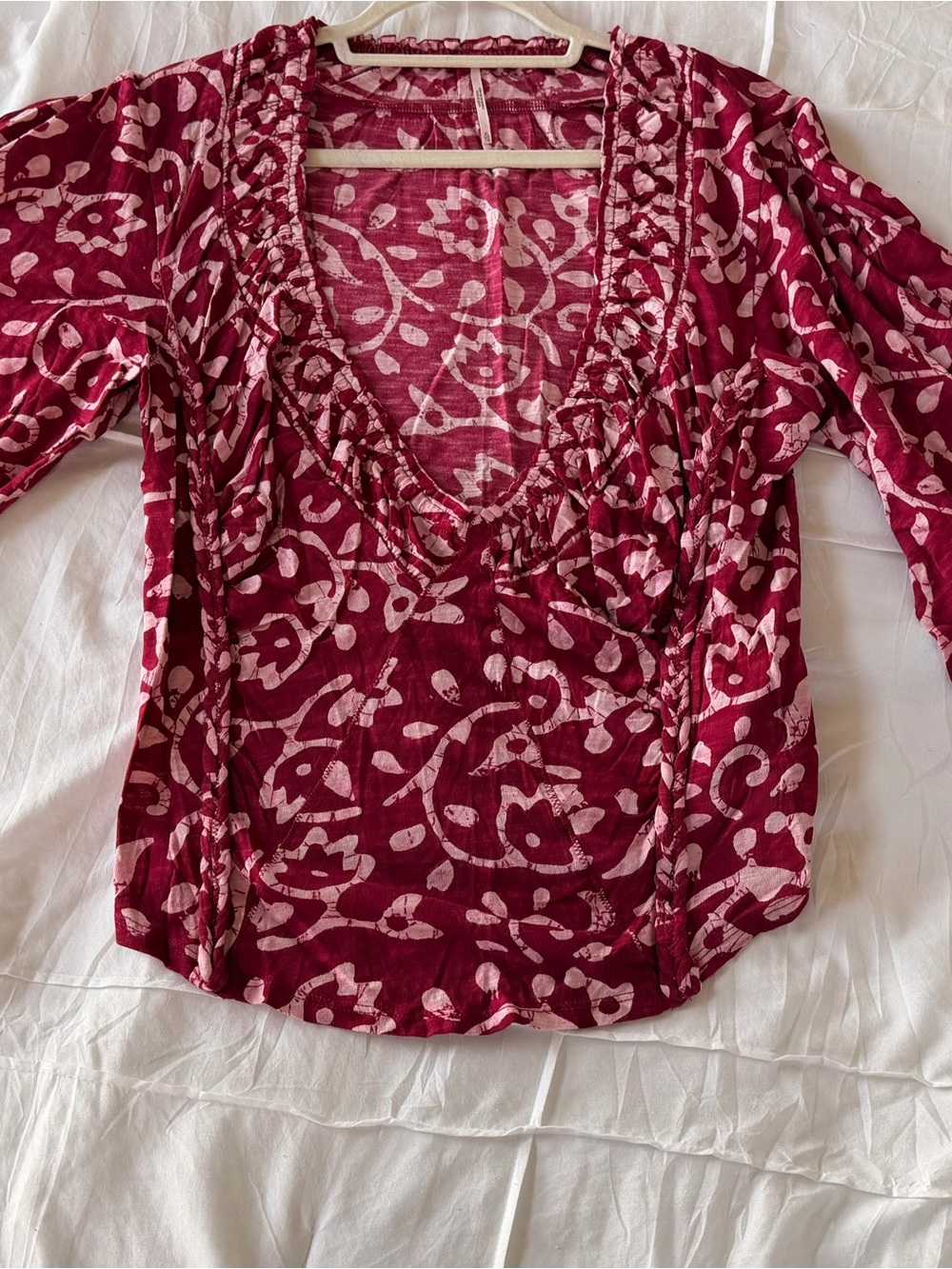 NWOT Free People Berry Red Floral V-Neck Ruffle Blouse